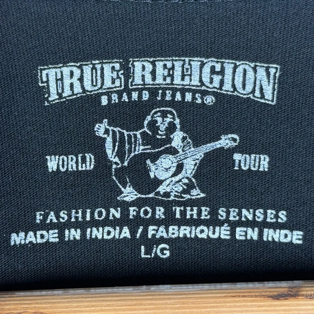 True Religion Men’s Long Sleeve Henley Shirt Black Horseshoe Logo Y2K L